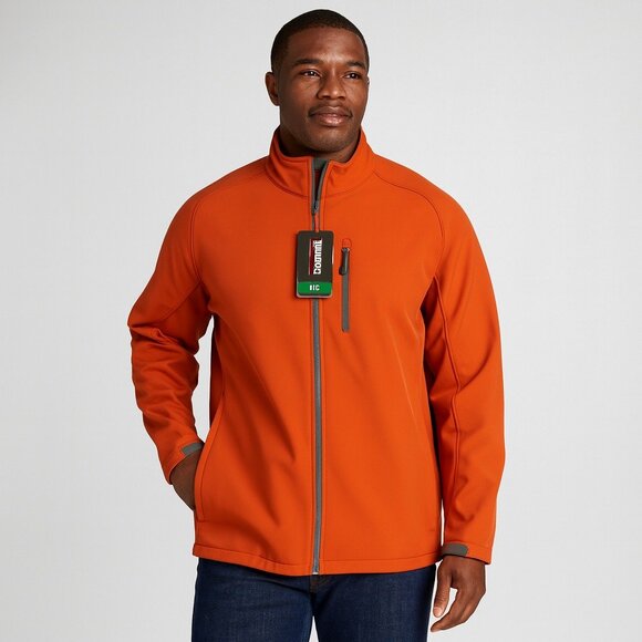 NEW Kirkland Signature Mens XL Softshell Jacket Orange Zip Microfleece Lined - Picture 1 of 11